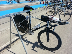 Bike racked and ready. She's a funny old bike, but fast enough for me.